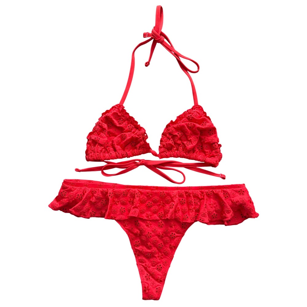 Frankies Bikinis x VS PINK Red Eyelet Ruffle Triangle Bikini Set XL NEW Beach
